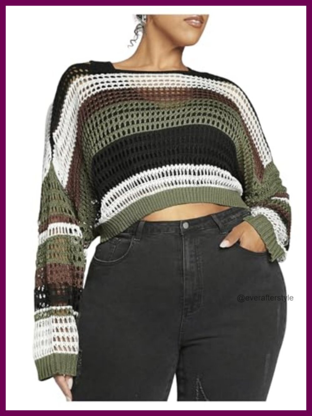 Women's Plus Size Colorblock Crochet Hollow Out Knit Pullover Sweater Size US